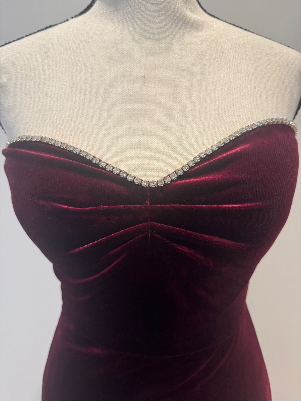 Strapless Velvet Evening Dress in Deep Burgundy with Rhinestone Trim